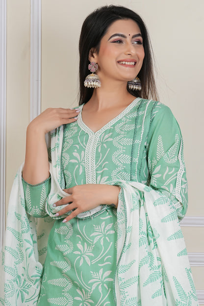 Mint Green Hand block Printed Kurta Set with Cotton Dupatta