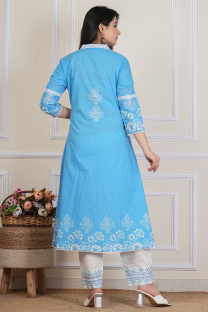 Sky Blue Floral Printed Kurta Set with Cotton Dupatta