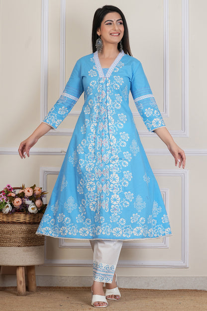 Sky Blue Floral Printed Kurta Set with Cotton Dupatta