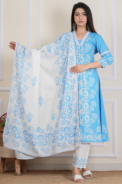Sky Blue Floral Printed Kurta Set with Cotton Dupatta