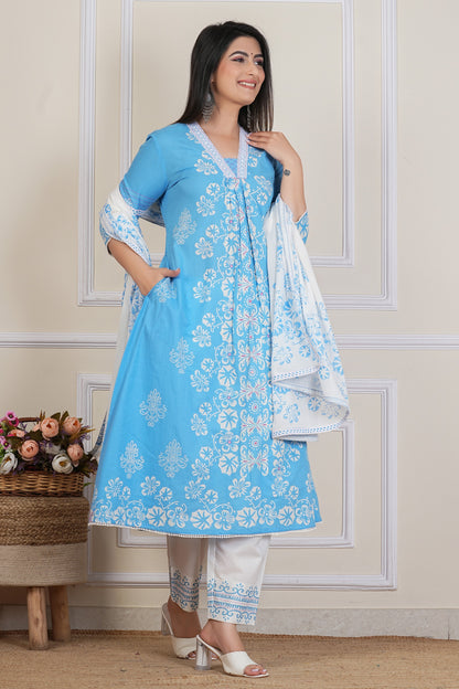 Sky Blue Floral Printed Kurta Set with Cotton Dupatta