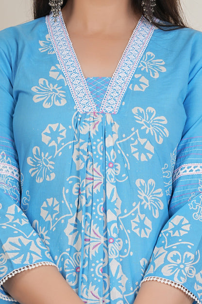 Sky Blue Floral Printed Kurta Set with Cotton Dupatta
