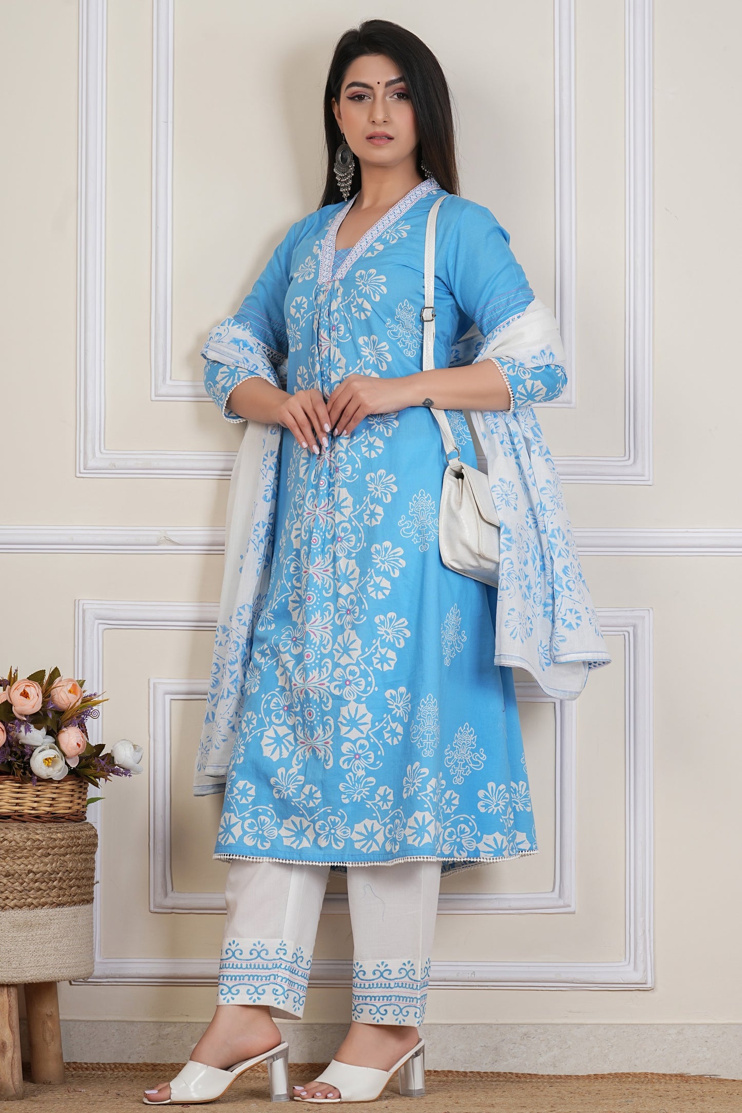 Sky Blue Floral Printed Kurta Set with Cotton Dupatta