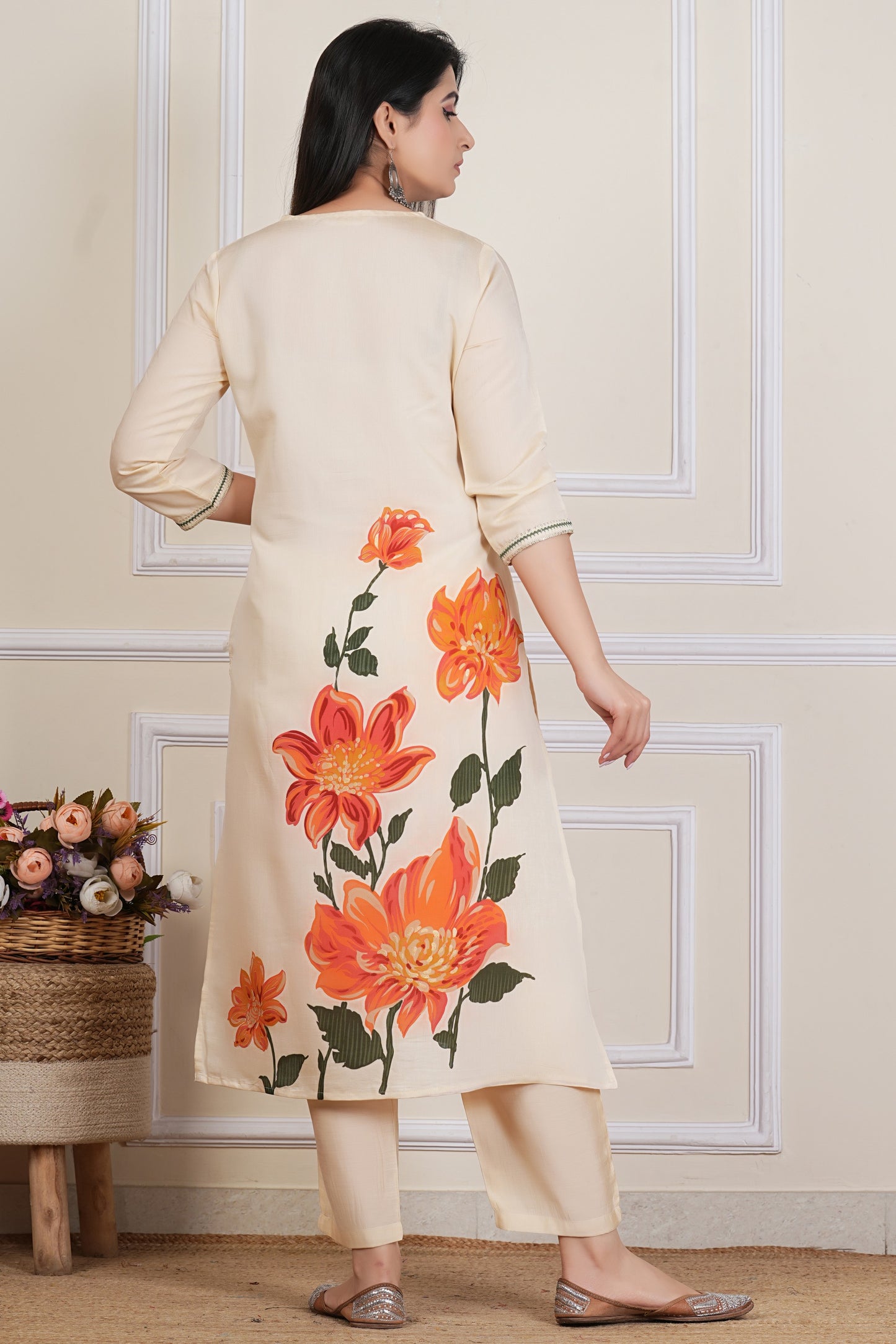 Ivory Floral Printed Kurta Set with Yoke & Dupatta