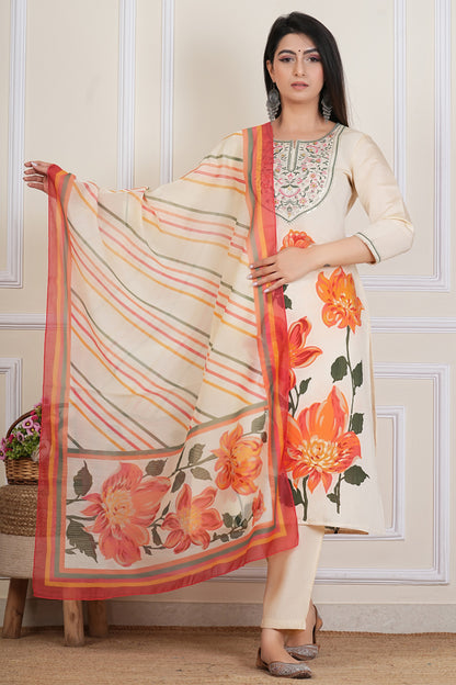 Ivory Floral Printed Kurta Set with Yoke & Dupatta