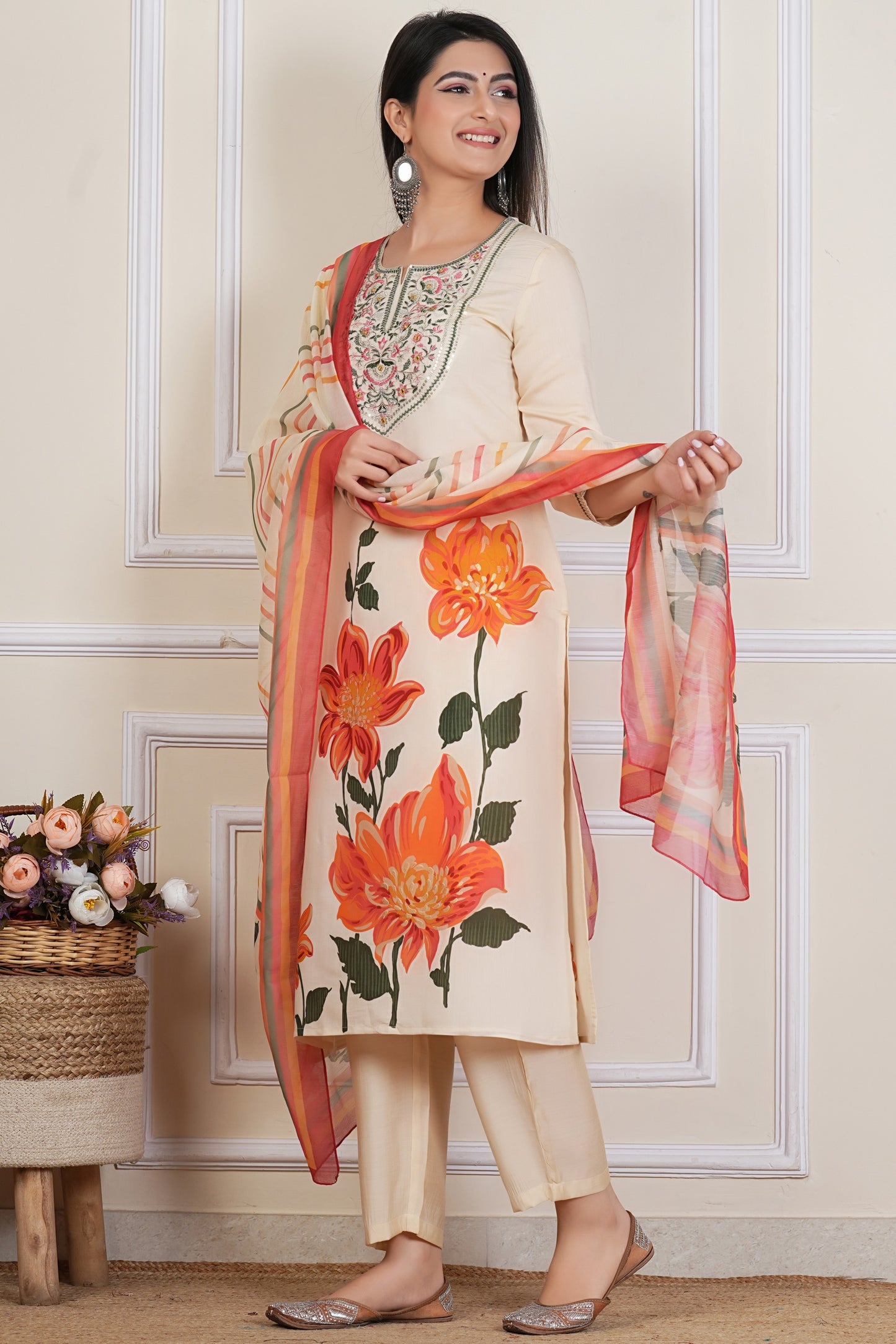 Ivory Floral Printed Kurta Set with Yoke & Dupatta
