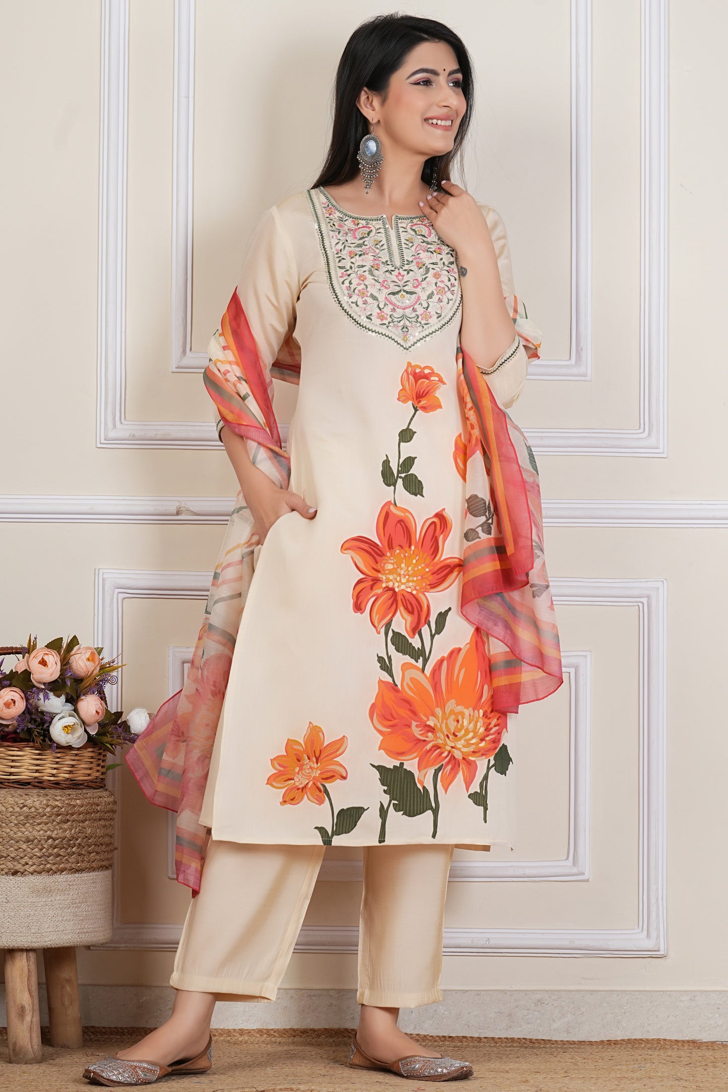 Ivory Floral Printed Kurta Set with Yoke & Dupatta