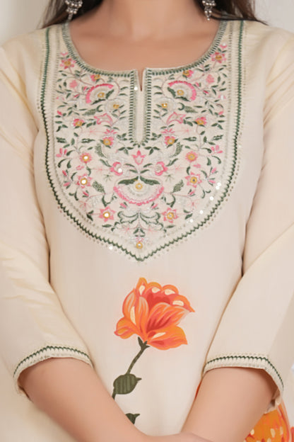 Ivory Floral Printed Kurta Set with Yoke & Dupatta