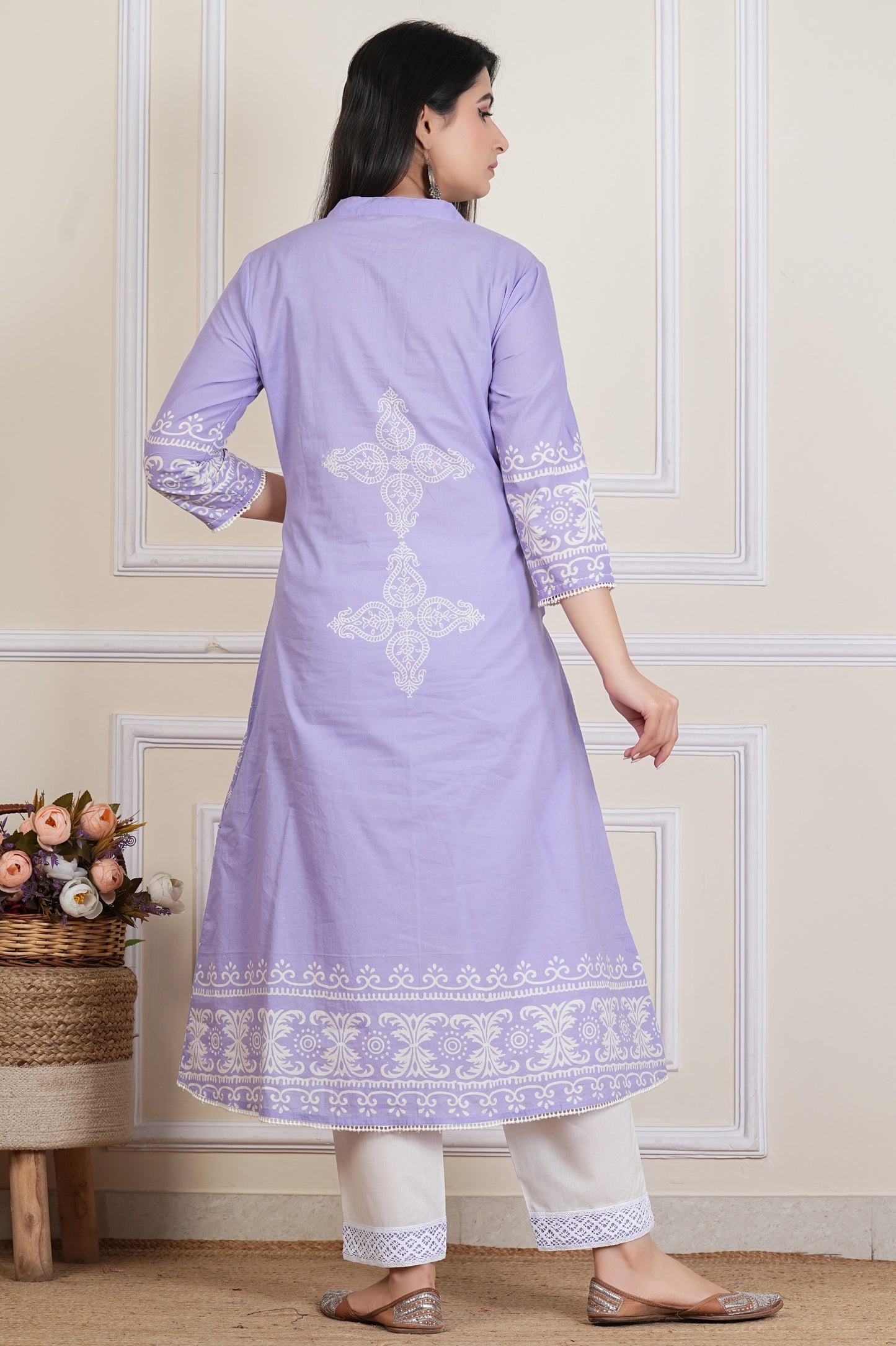 Lavender Handblock Printed Kurta Set with Cotton Dupatta