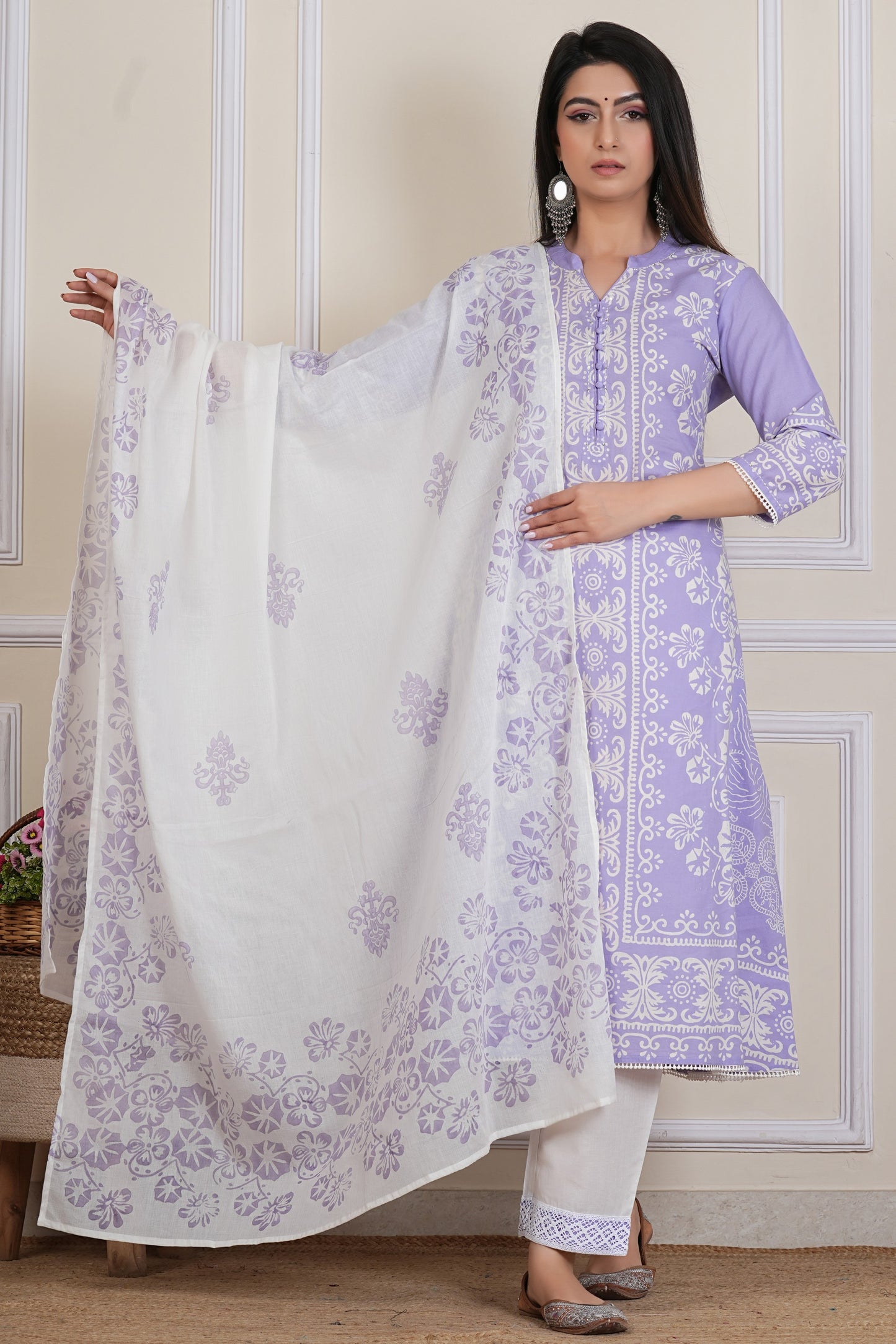 Lavender Handblock Printed Kurta Set with Cotton Dupatta