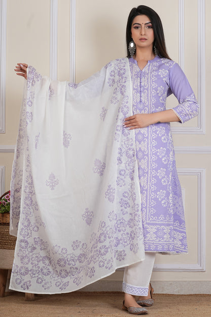 Lavender Handblock Printed Kurta Set with Cotton Dupatta