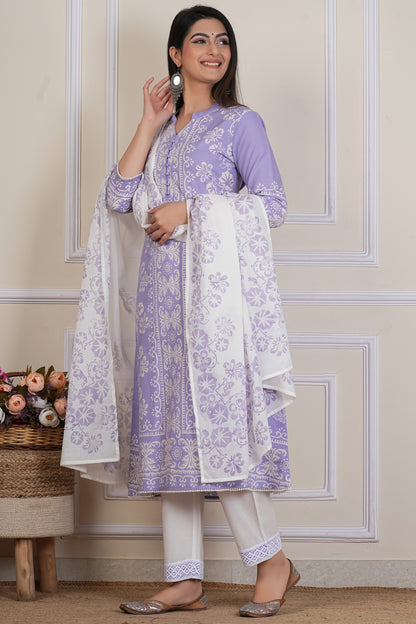 Lavender Handblock Printed Kurta Set with Cotton Dupatta