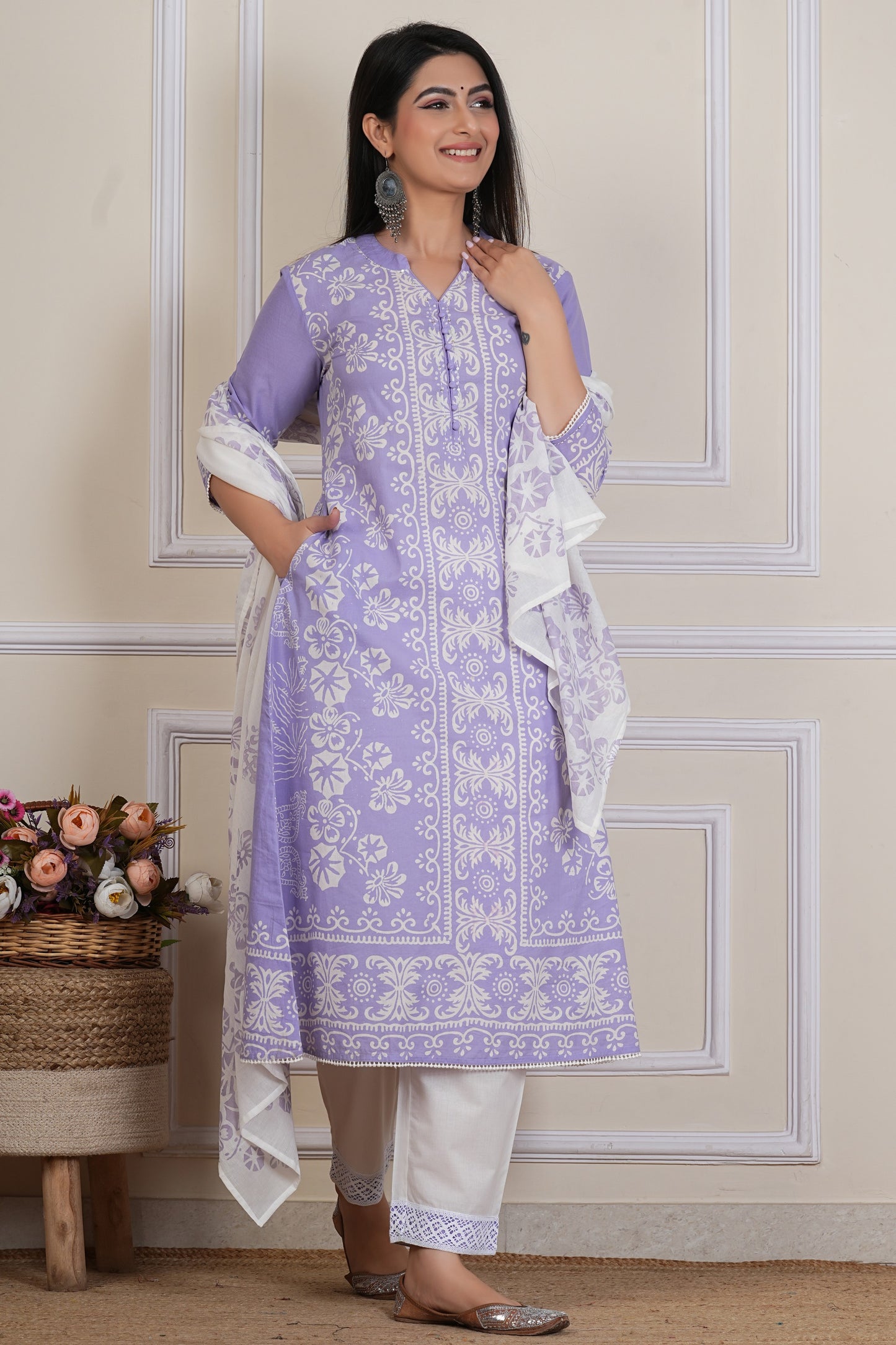 Lavender Handblock Printed Kurta Set with Cotton Dupatta