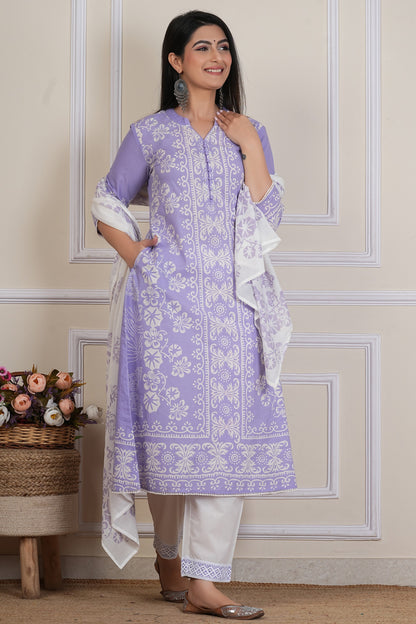 Lavender Handblock Printed Kurta Set with Cotton Dupatta