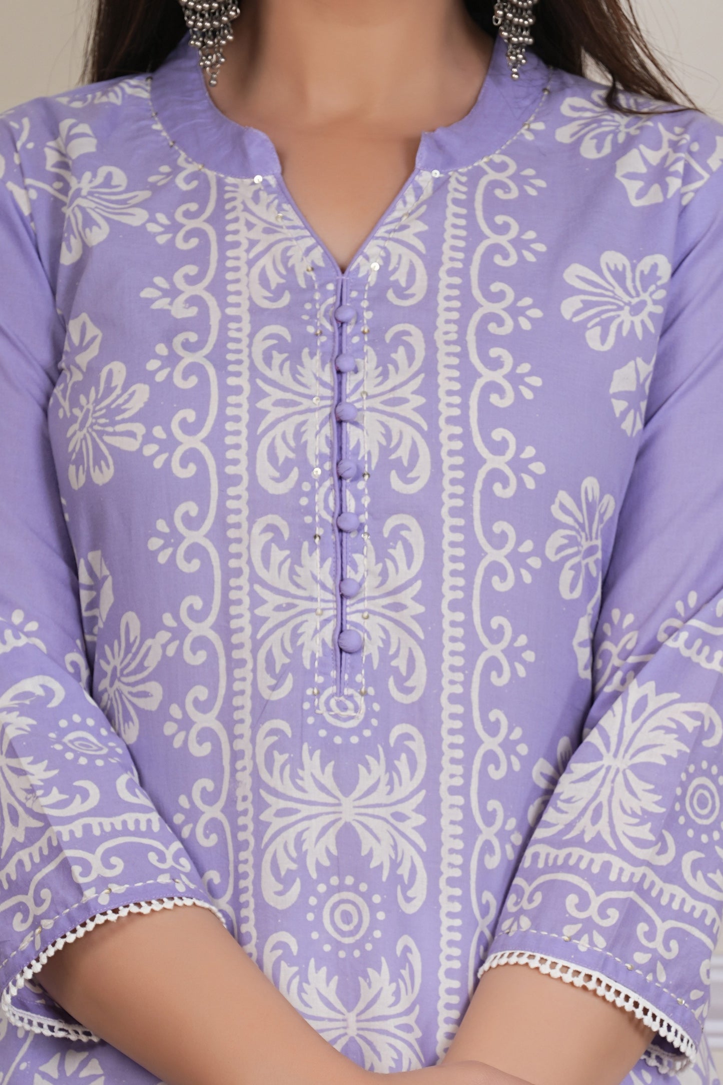 Lavender Handblock Printed Kurta Set with Cotton Dupatta