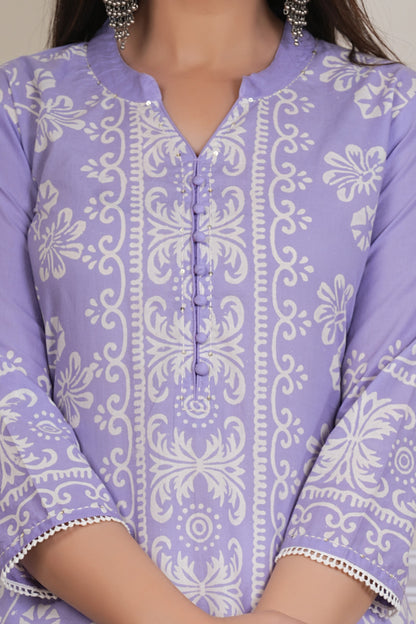 Lavender Handblock Printed Kurta Set with Cotton Dupatta