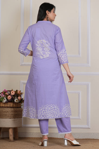 Lilac Hand block Printed Kurta Set with Cotton Dupatta
