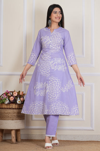 Lilac Hand block Printed Kurta Set with Cotton Dupatta