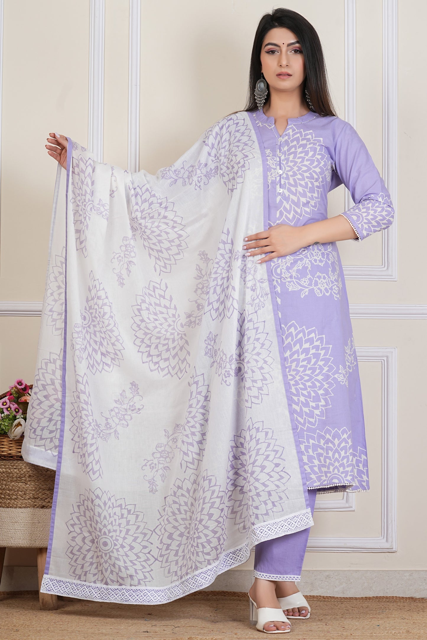 Lilac Hand block Printed Kurta Set with Cotton Dupatta