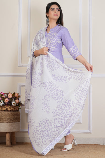 Lilac Hand block Printed Kurta Set with Cotton Dupatta