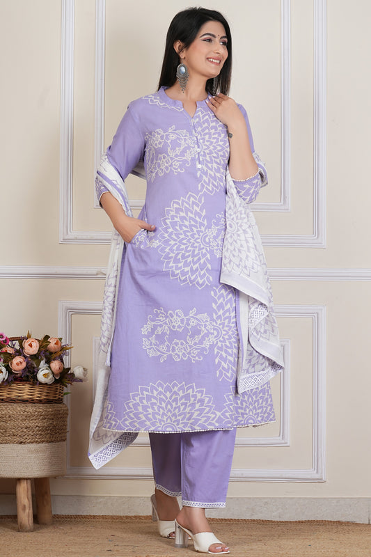 Lilac Hand block Printed Kurta Set with Cotton Dupatta