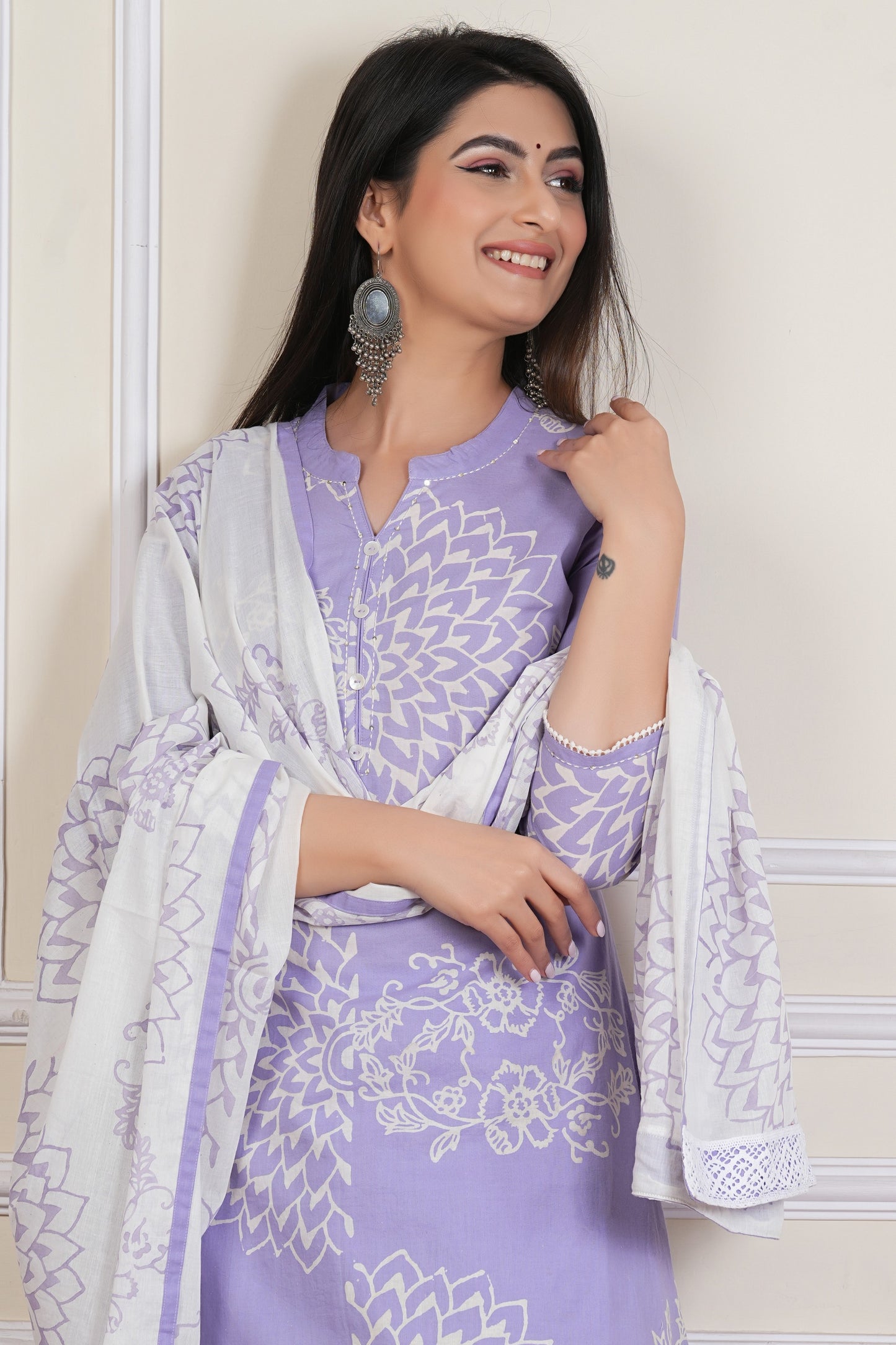 Lilac Hand block Printed Kurta Set with Cotton Dupatta