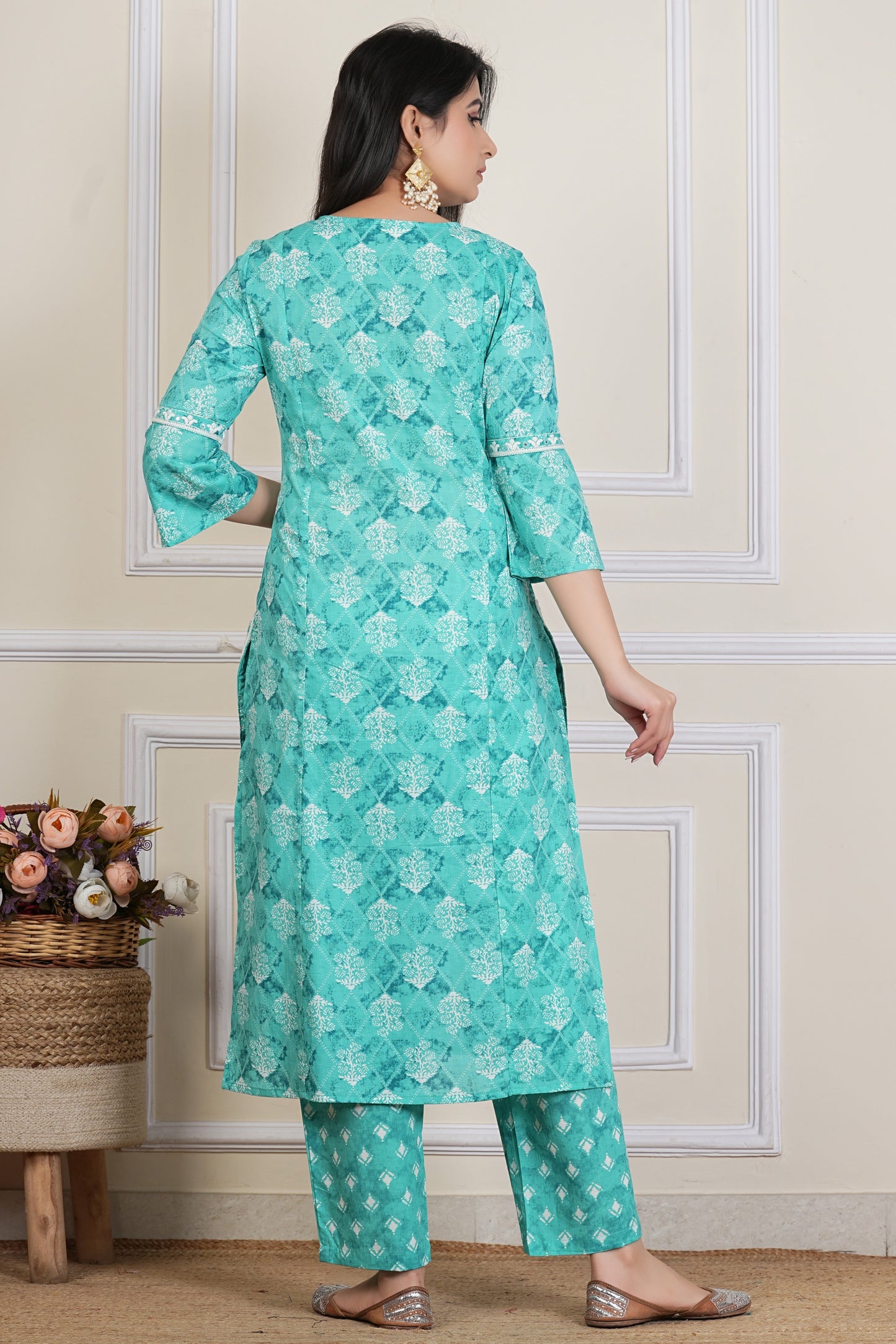 Teal Green Printed Kurta Set with Dupatta – 3 Piece