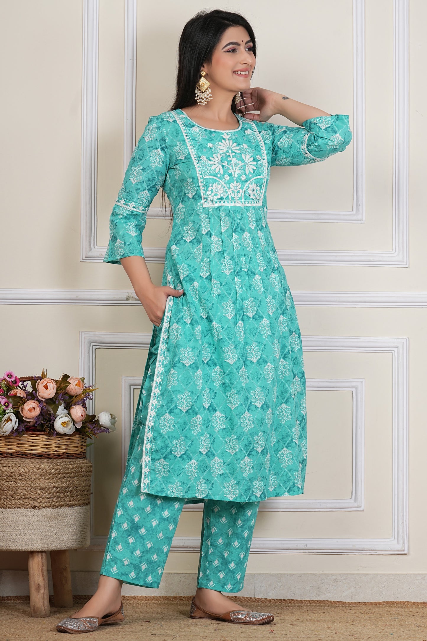 Teal Green Printed Kurta Set with Dupatta – 3 Piece