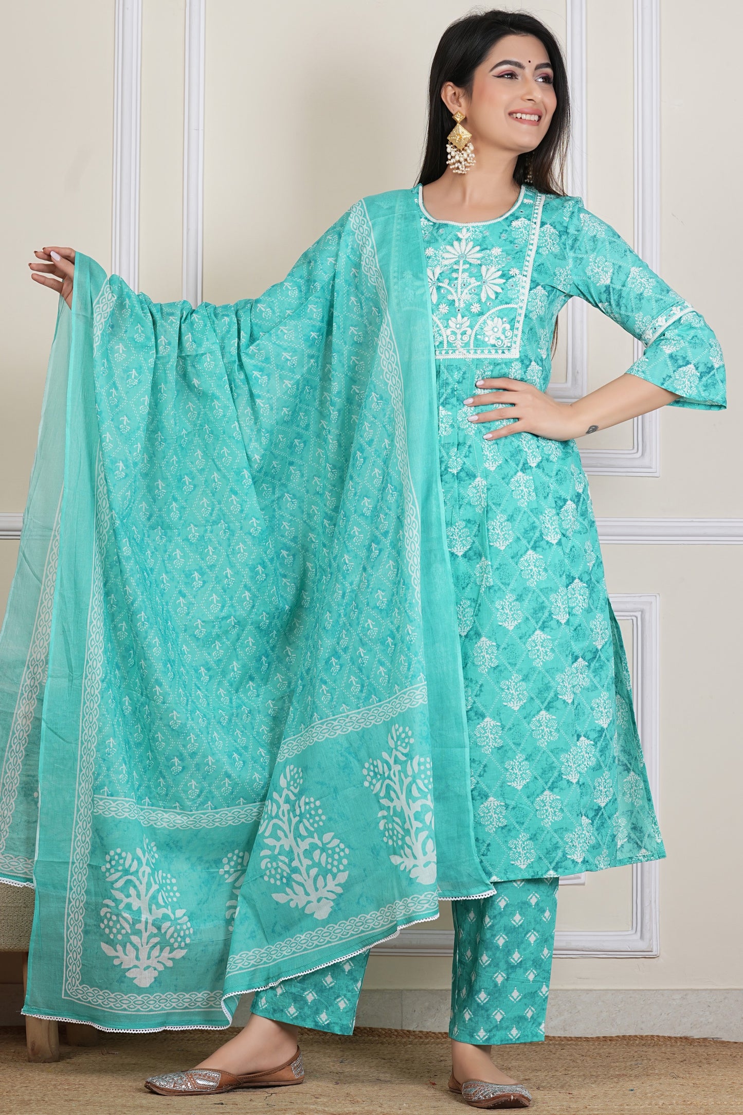 Teal Green Printed Kurta Set with Dupatta – 3 Piece