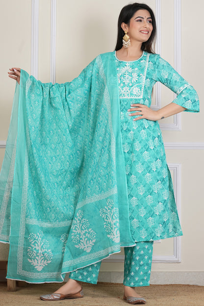 Teal Green Printed Kurta Set with Dupatta – 3 Piece