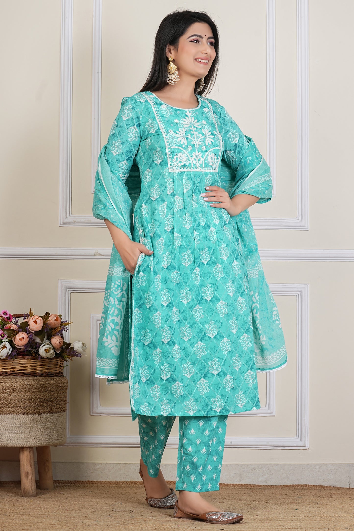 Teal Green Printed Kurta Set with Dupatta – 3 Piece