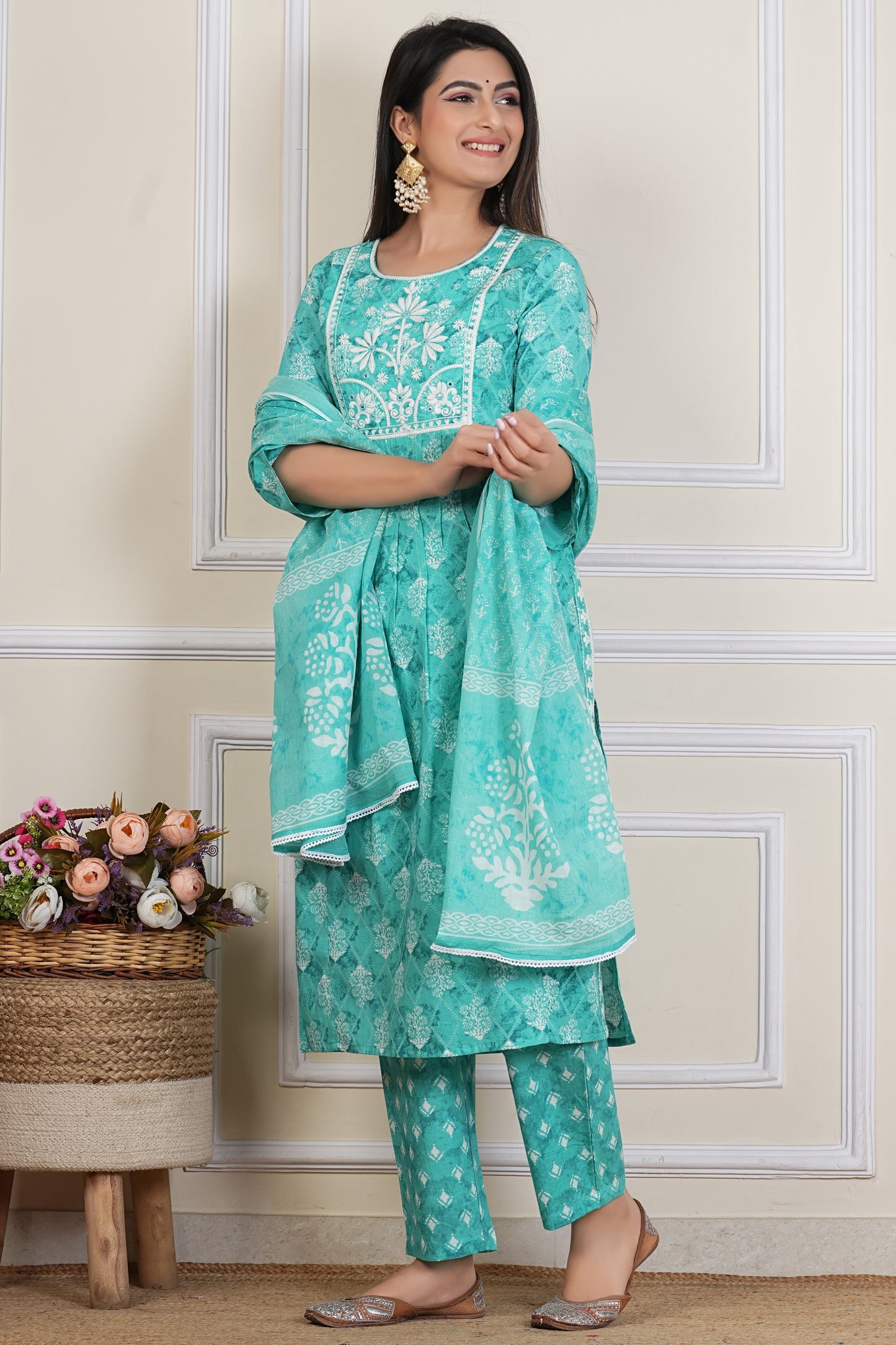Teal Green Printed Kurta Set with Dupatta – 3 Piece