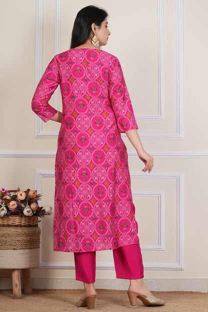 Pink Printed Kurta Set with  Neckline , Chiffon Dupatta & Matching pant - 3 piece