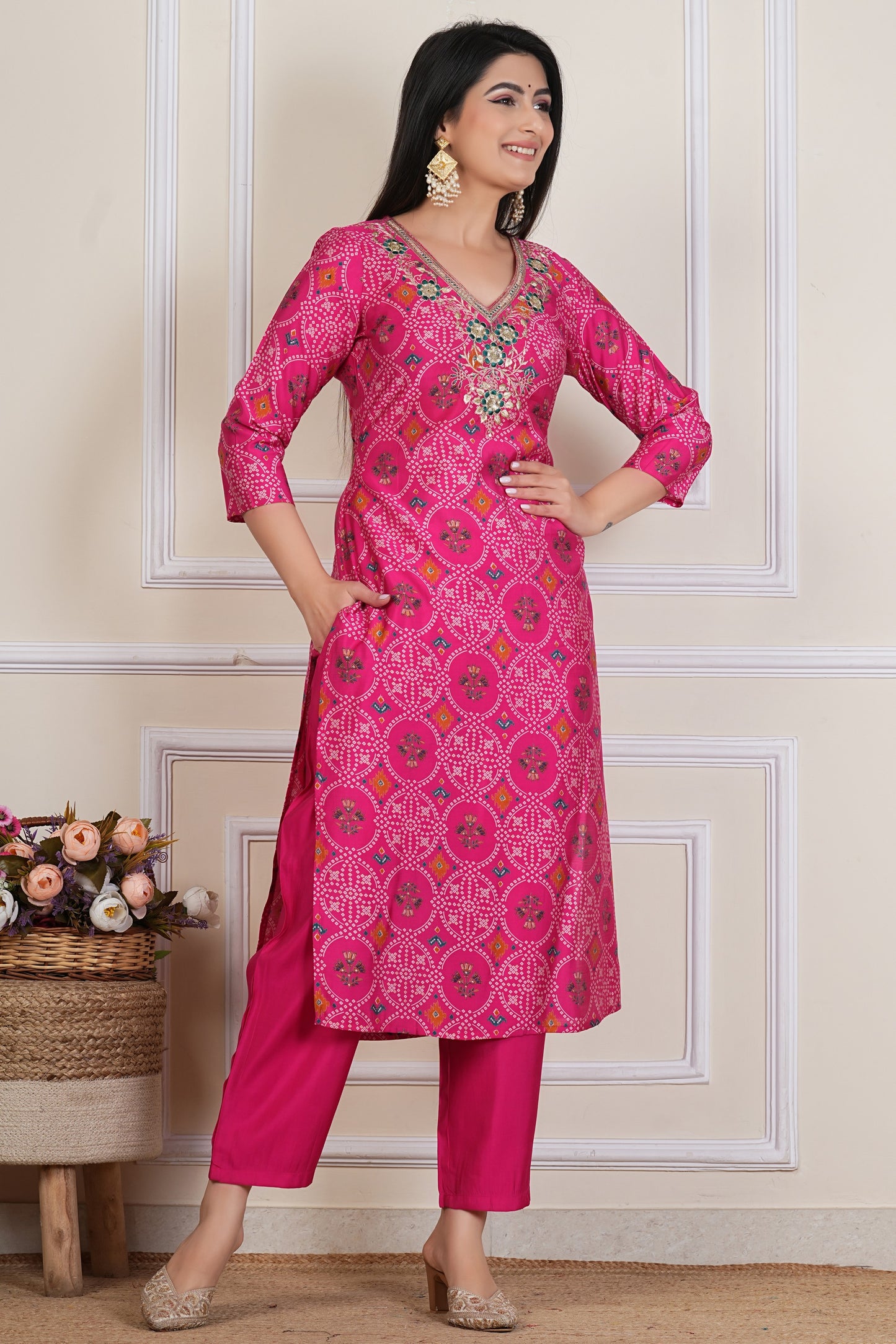 Pink Printed Kurta Set with  Neckline , Chiffon Dupatta & Matching pant - 3 piece