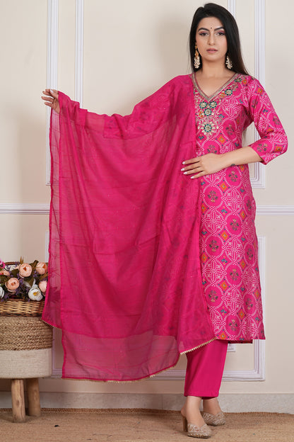 Pink Printed Kurta Set with  Neckline , Chiffon Dupatta & Matching pant - 3 piece