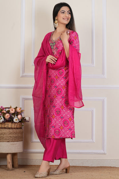 Pink Printed Kurta Set with  Neckline , Chiffon Dupatta & Matching pant - 3 piece