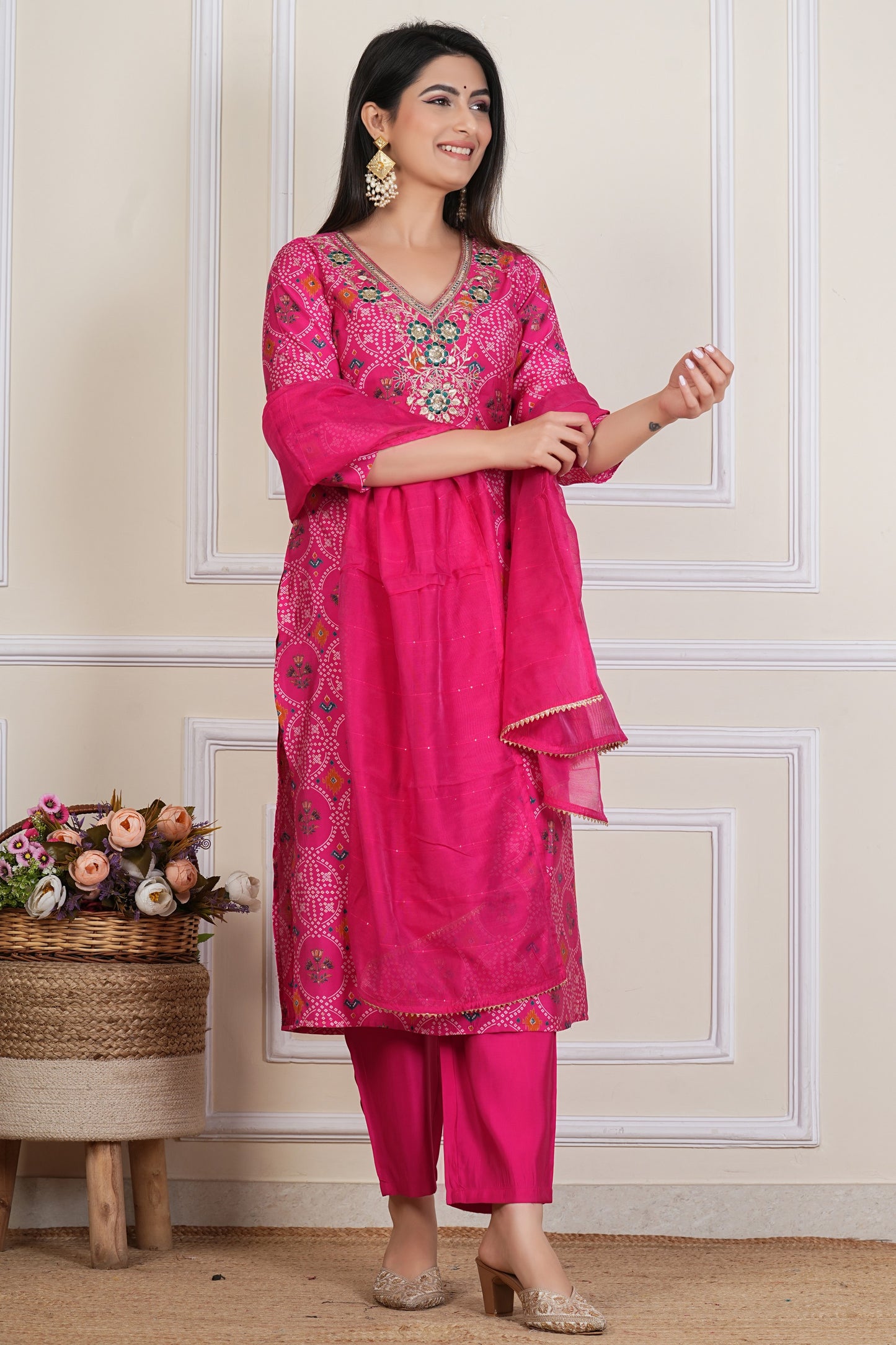 Pink Printed Kurta Set with  Neckline , Chiffon Dupatta & Matching pant - 3 piece