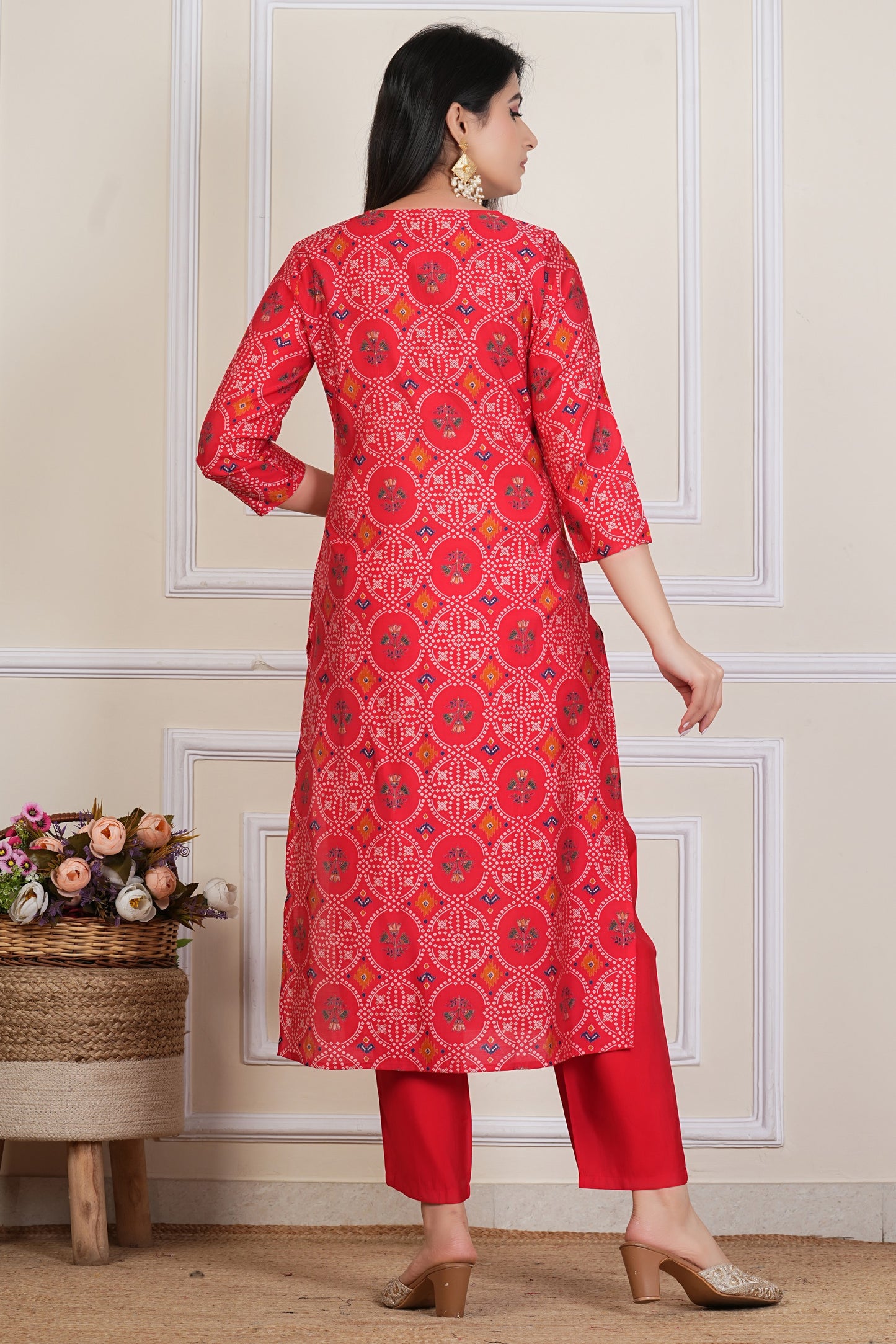 Red Printed Kurta Set with Embroidered Neckline & Dupatta – 3 Piece