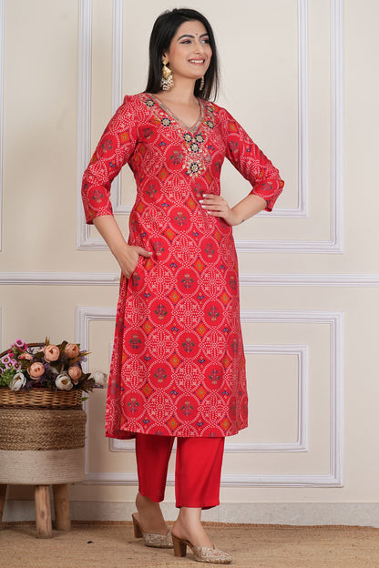 Red Printed Kurta Set with Embroidered Neckline & Dupatta – 3 Piece
