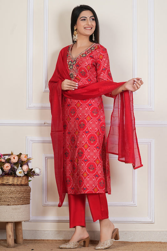Red Printed Kurta Set with Embroidered Neckline & Dupatta – 3 Piece