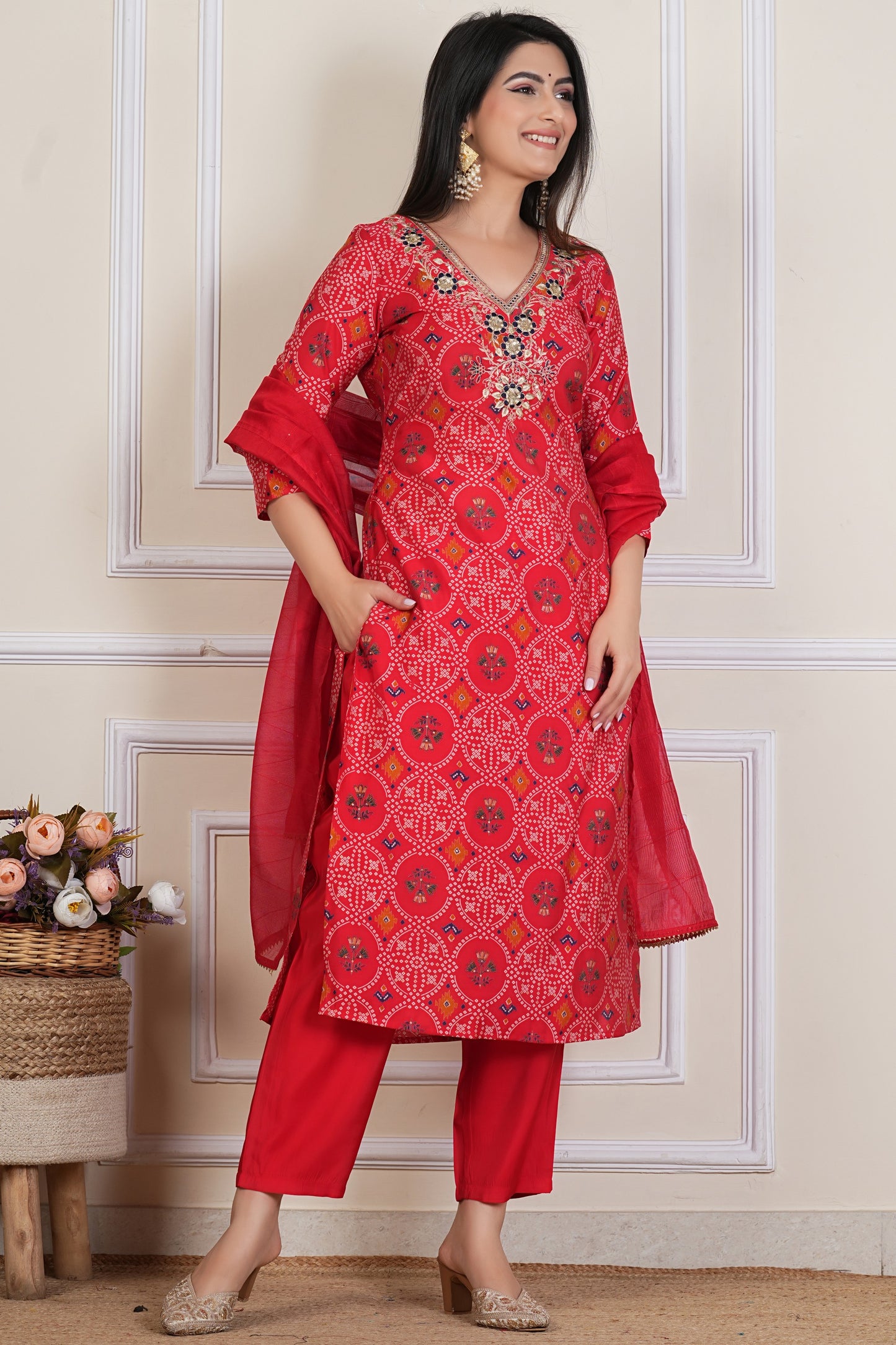 Red Printed Kurta Set with Embroidered Neckline & Dupatta – 3 Piece