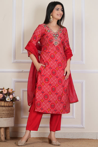 Red Printed Kurta Set with Embroidered Neckline & Dupatta – 3 Piece