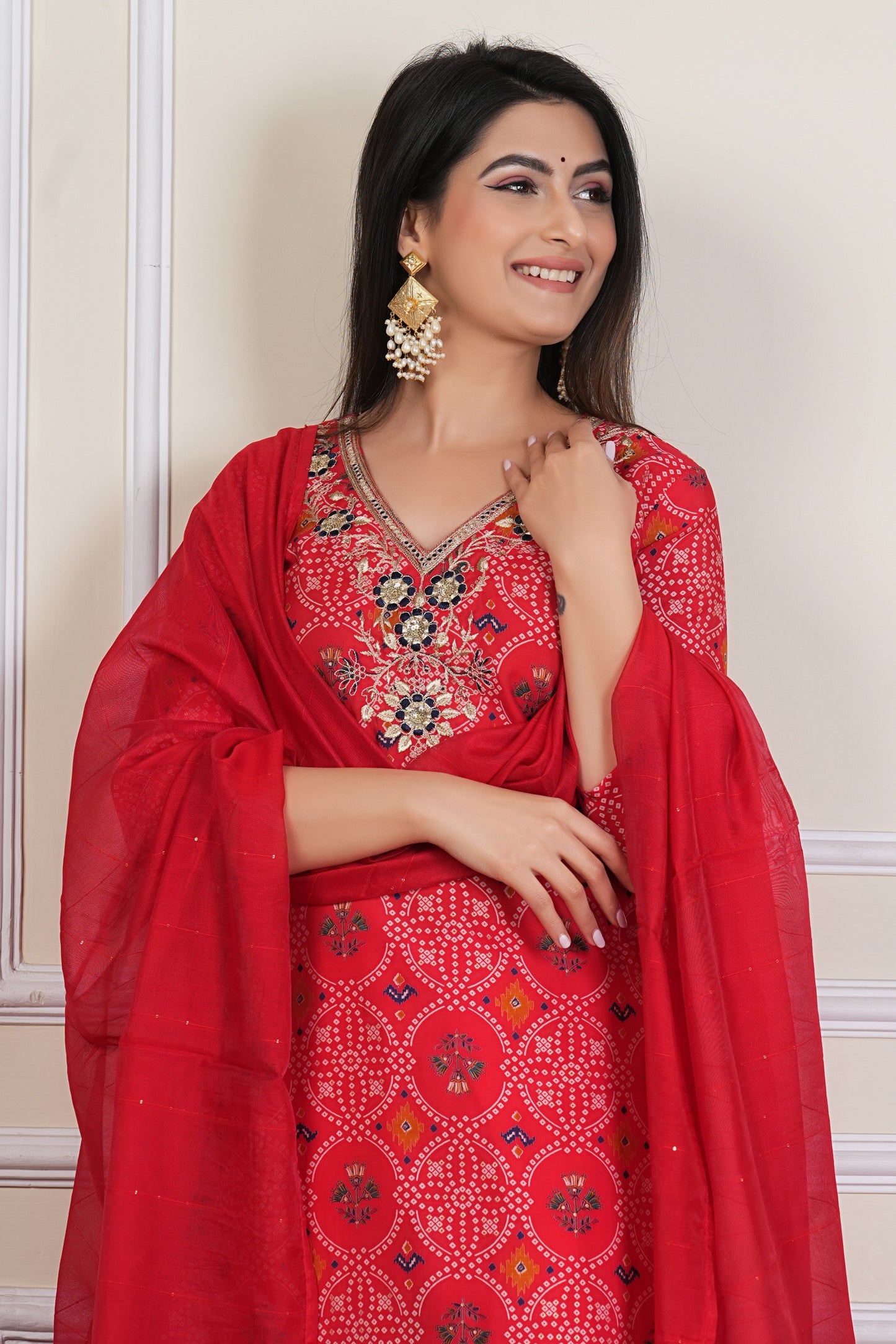 Red Printed Kurta Set with Embroidered Neckline & Dupatta – 3 Piece