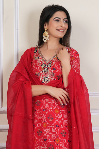 Red Printed Kurta Set with Embroidered Neckline & Dupatta – 3 Piece