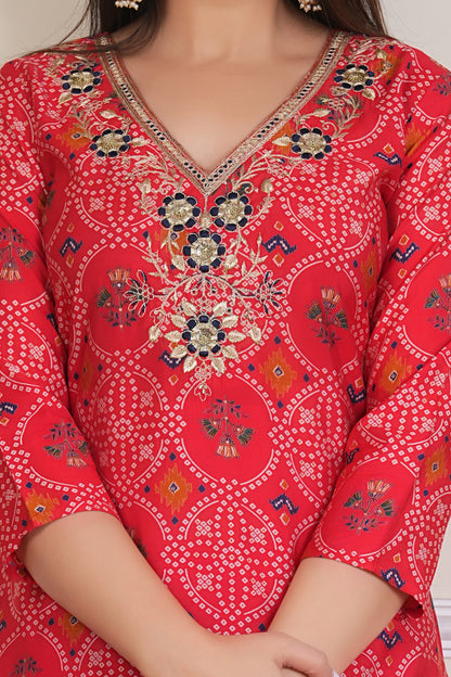 Red Printed Kurta Set with Embroidered Neckline & Dupatta – 3 Piece