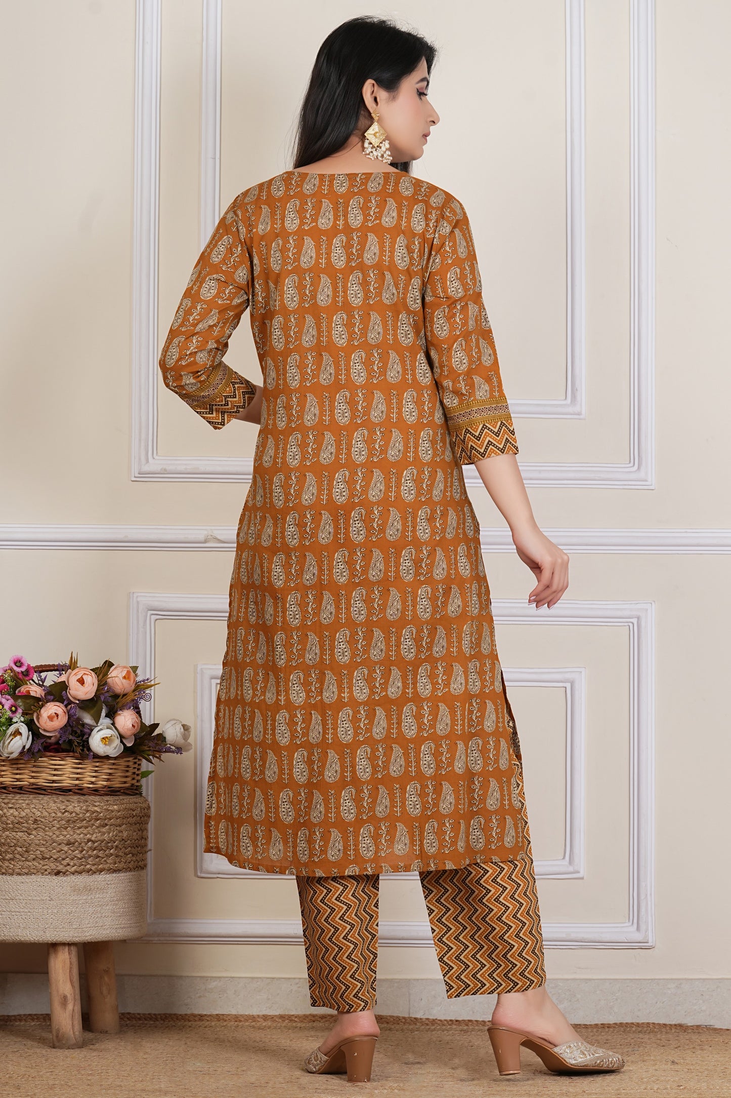 Mustard Brown Printed Kurta Set with Zigzag Pattern & Paisley Dupatta – 3 Piece