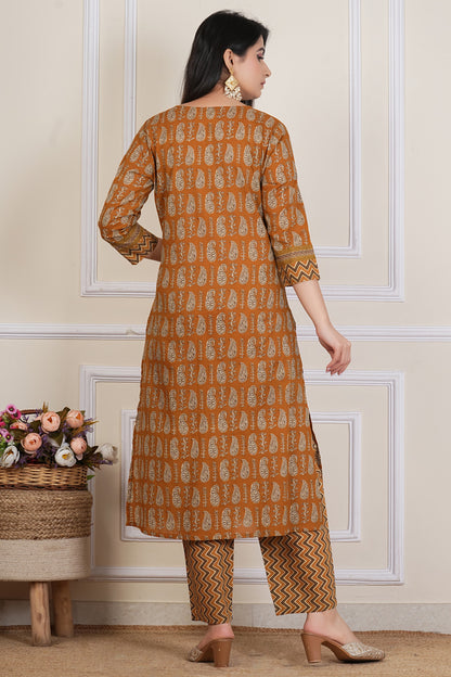Mustard Brown Printed Kurta Set with Zigzag Pattern & Paisley Dupatta – 3 Piece