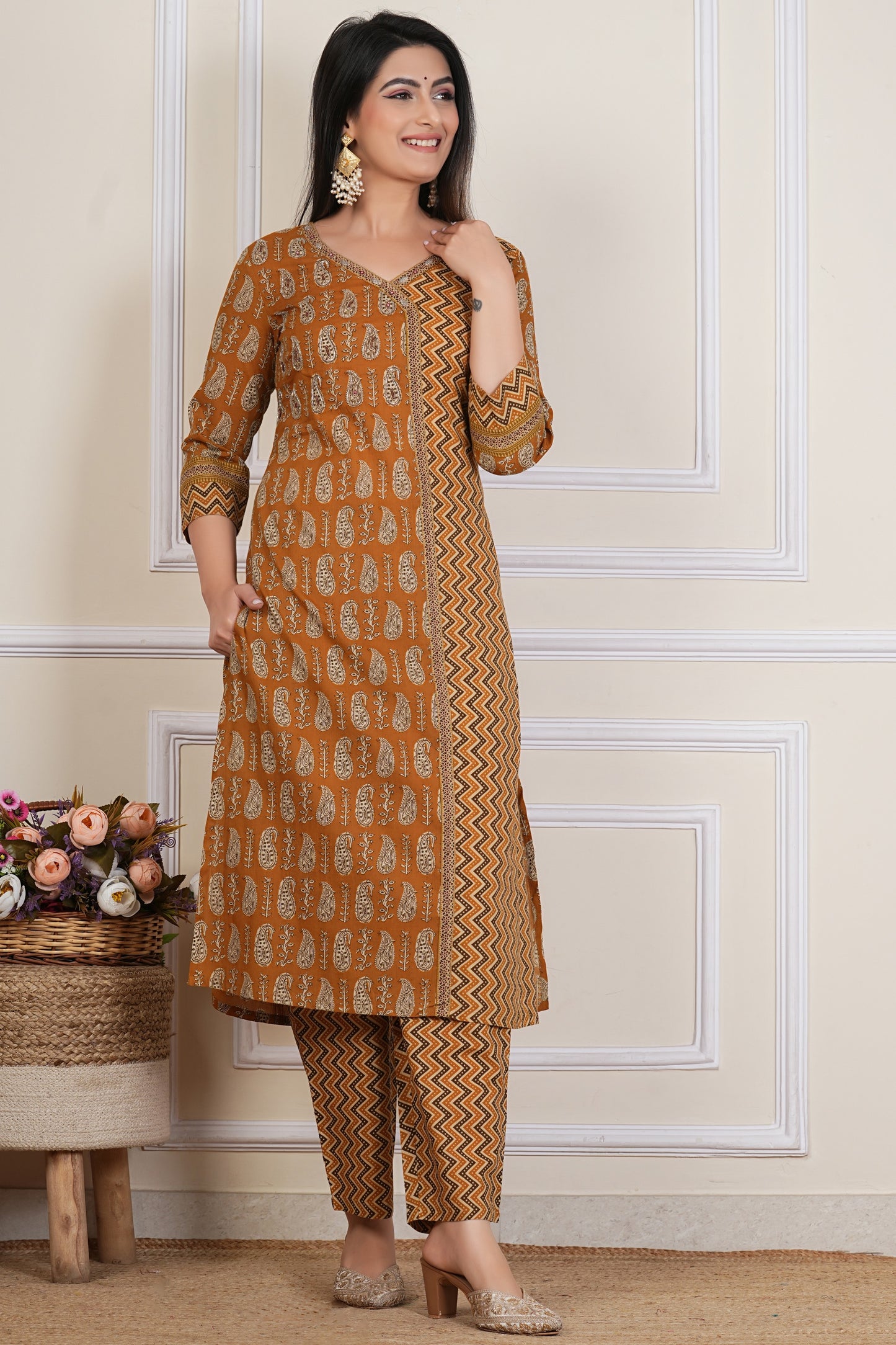Mustard Brown Printed Kurta Set with Zigzag Pattern & Paisley Dupatta – 3 Piece