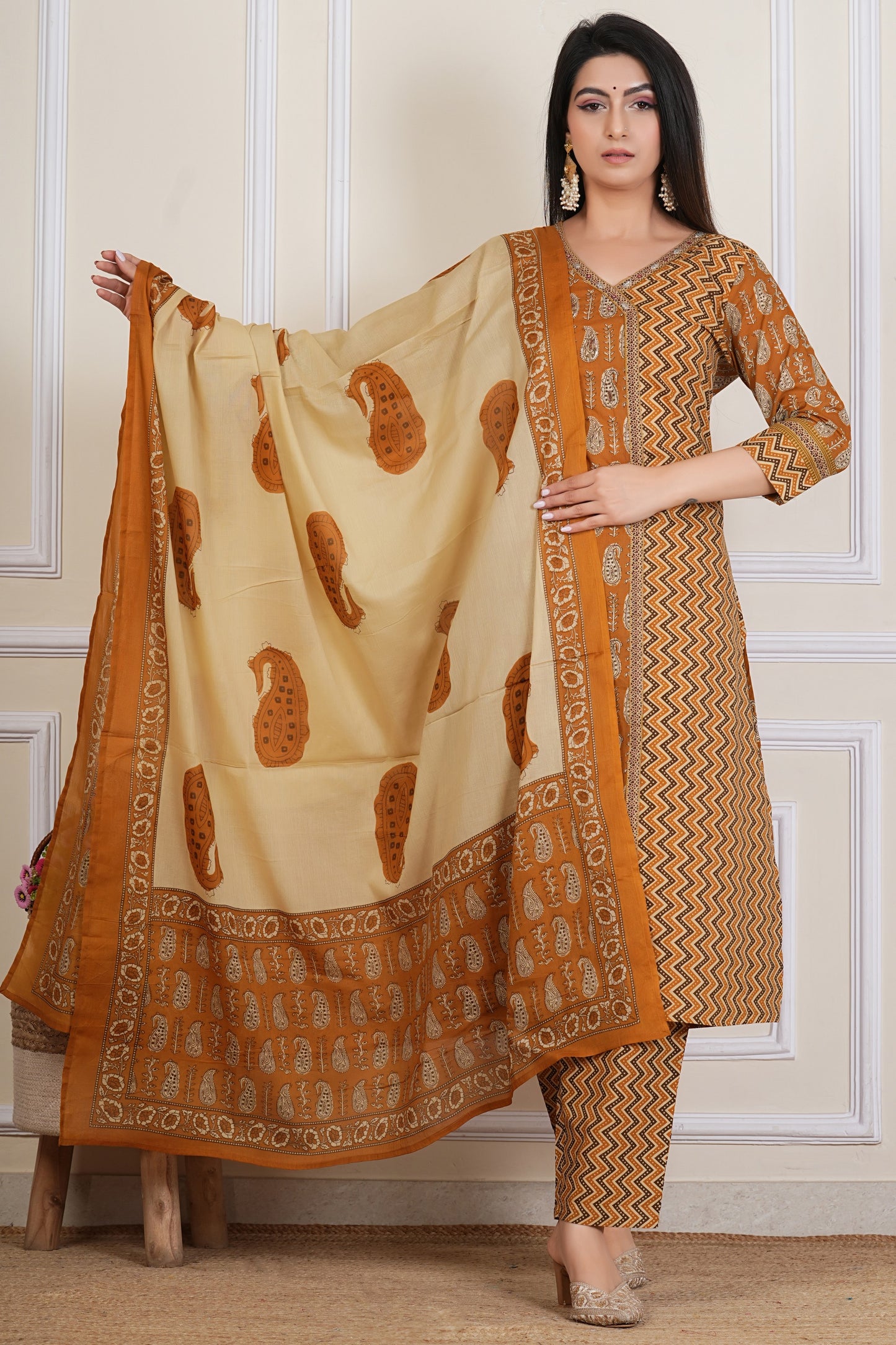 Mustard Brown Printed Kurta Set with Zigzag Pattern & Paisley Dupatta – 3 Piece