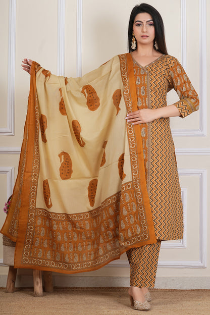 Mustard Brown Printed Kurta Set with Zigzag Pattern & Paisley Dupatta – 3 Piece